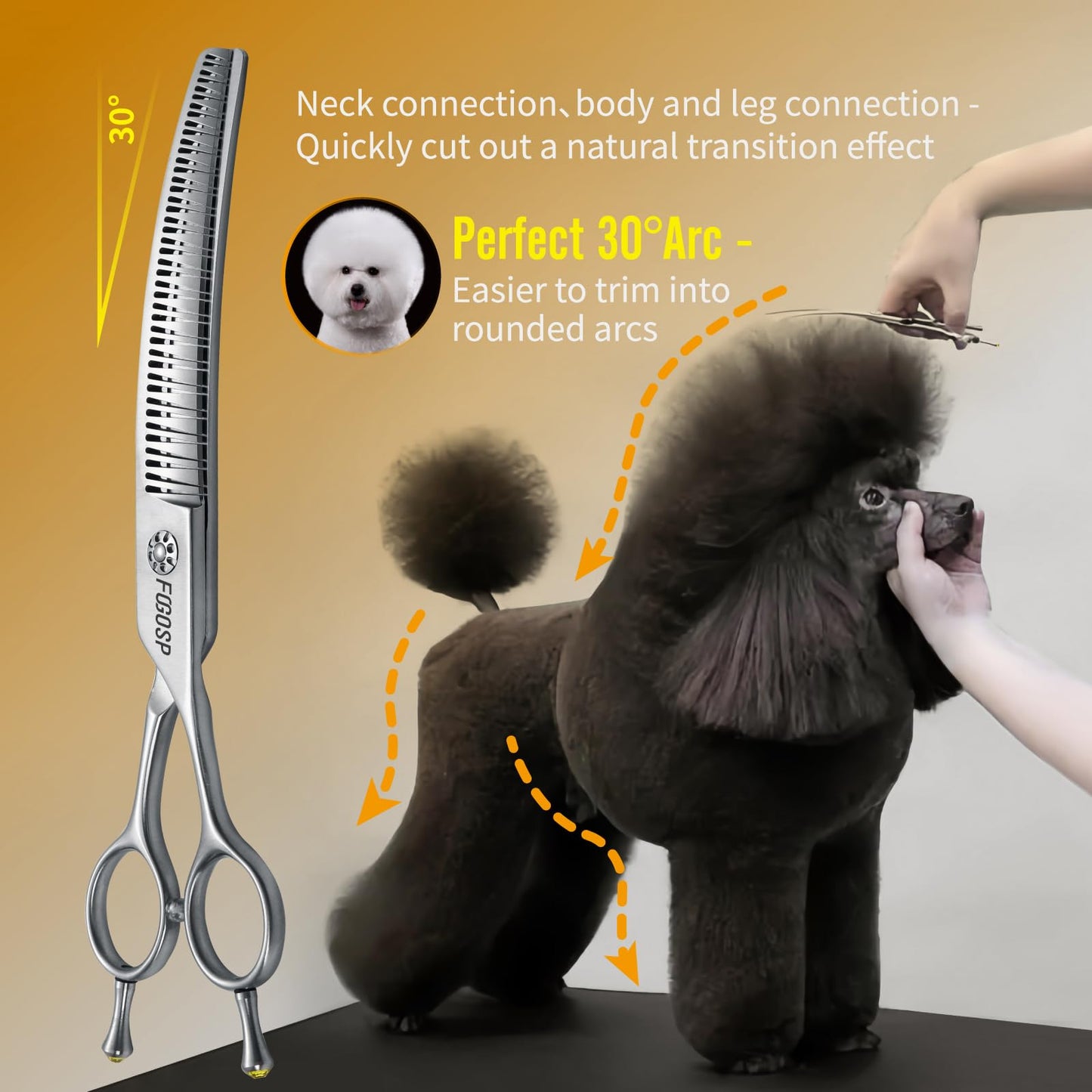 FOGOSP Professional 3D Curved Chunkers Dog Grooming Scissors 7.5'' Curved Thinning Shears for Dogs Pet 48 Teeth Japan VG10 Sharp and Durable