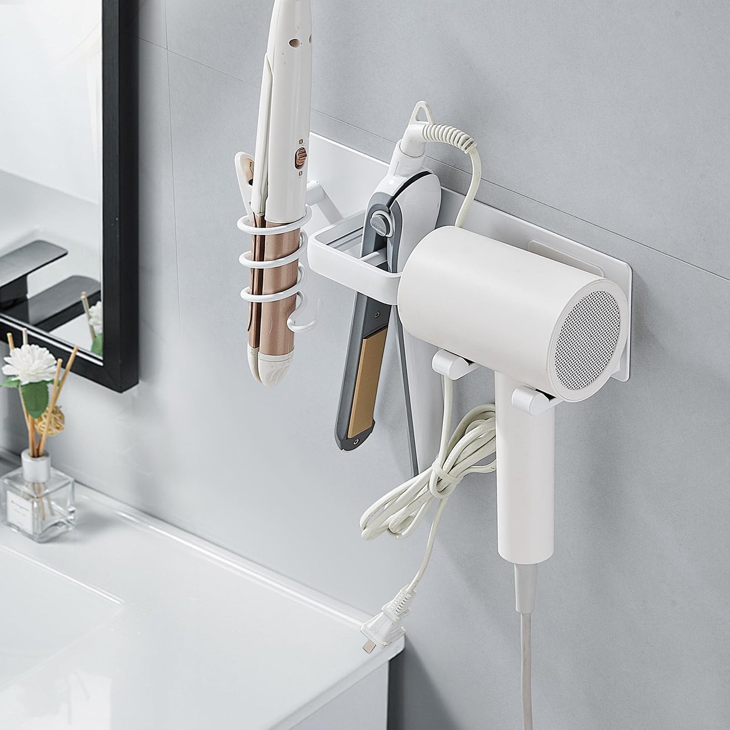 HOHOWU Hair Dryer Holder Wall Mounted,Blow Dryer, Curling Iron, Straightener Holder 3 in 1 Bathroom Metal Hair Tool Organizer Rack-Matte White-2