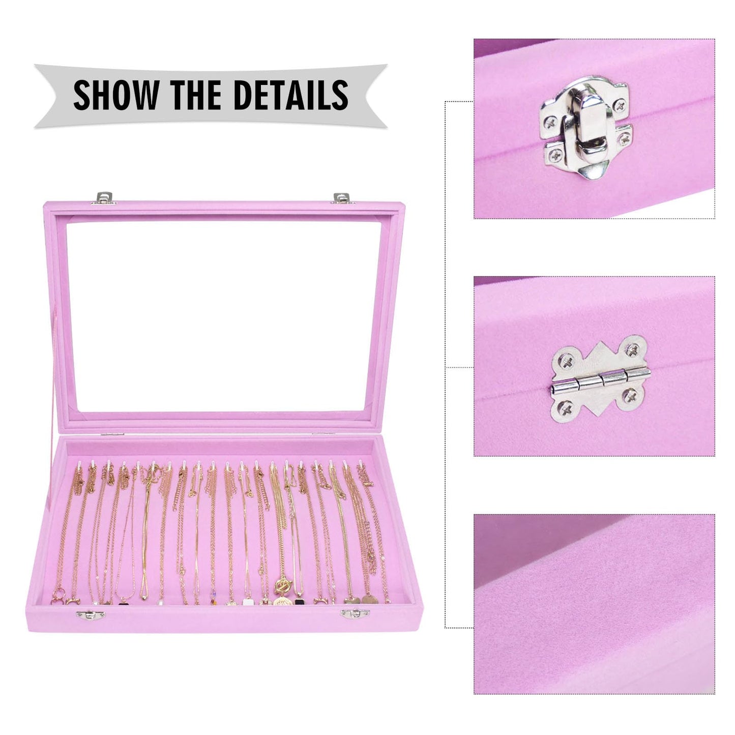 Siveit Necklace Organizer Box Premium 20 Hooks Velvet Necklace Display Jewelry Tray with Transparent Lid Jewelry Necklace Display Box for Necklace Pendants Suitable for Women and Girls (Pink)
