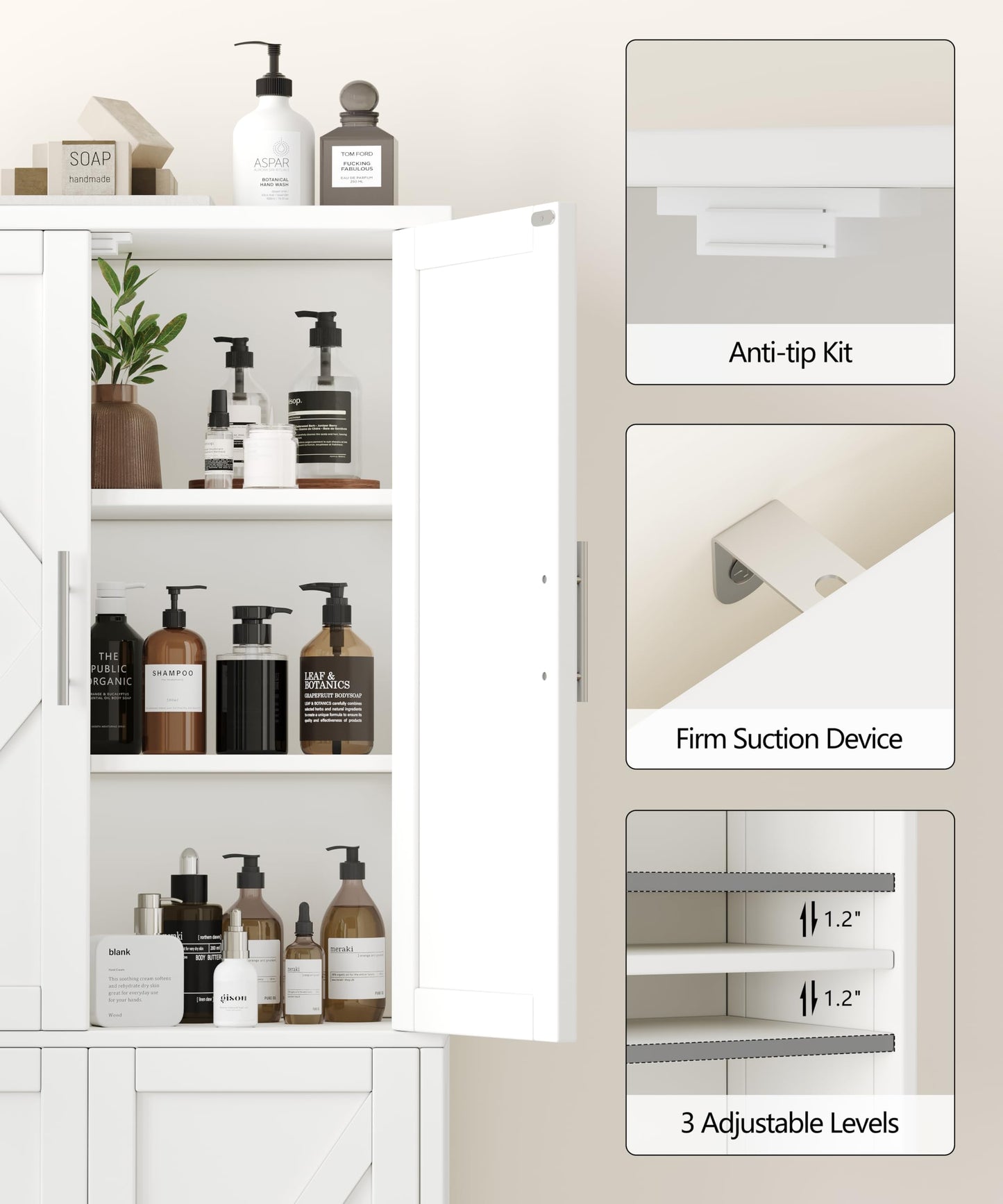 Akxomel Tall Bathroom Storage Cabinet, 11 x 22.8 x 63 Inches, Floor Cabinet with Barn Doors, Adjustable Shelf, Linen Pantry Cabinet for Kitchen, Laundry Room, Living Room, Entryway, White