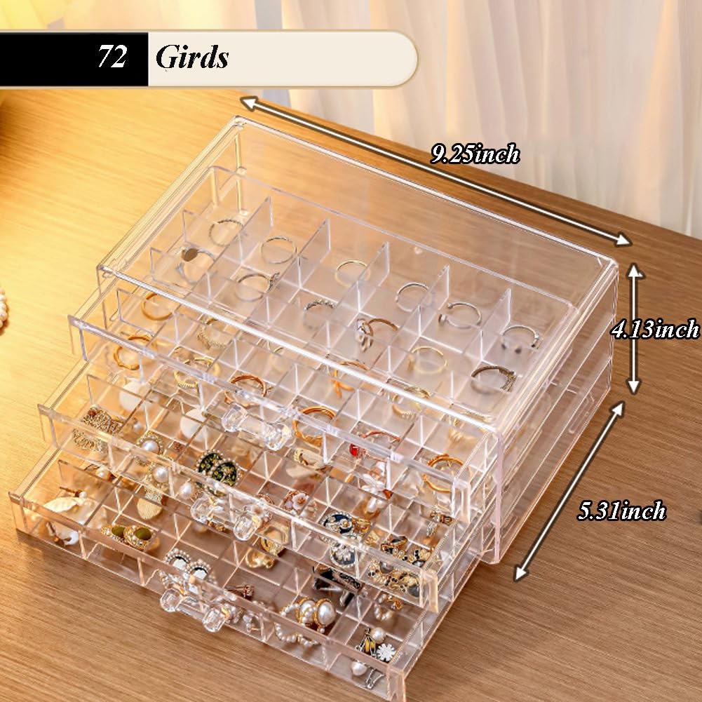 LOARNIEA Earring Organizer Box Acrylic Stackable Jewelry Organizer with 3 Drawers 72 Small Compartments Clear Jewelry Display Stand for Stud Earring Ring Pin Display (Transparent)