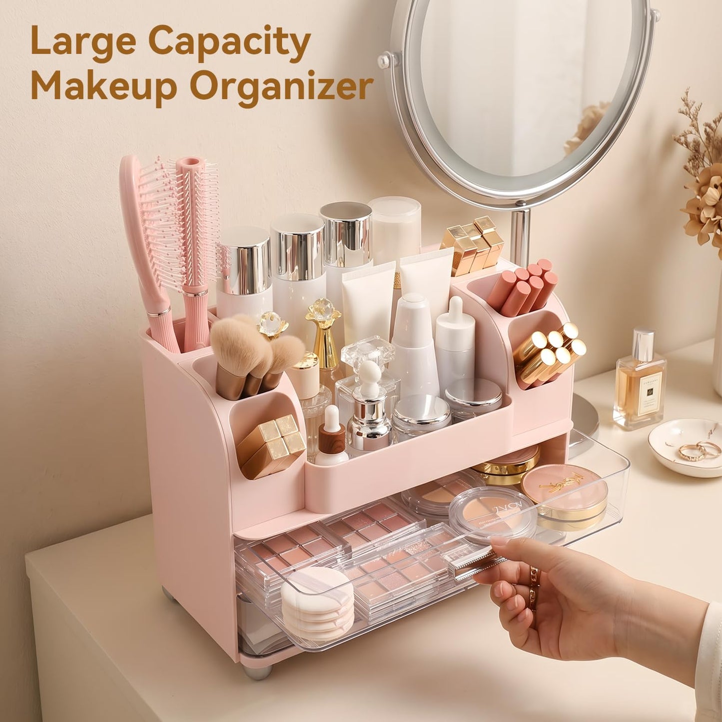 Brothersbox Makeup Organizer for Vanity with 2 Large Drawers and 6 Brush Holders, Large Bathroom Countertop Cosmetic Storage for Skincare, Lipstick, Nail Polish, Perfume, Gift for Women, Pink
