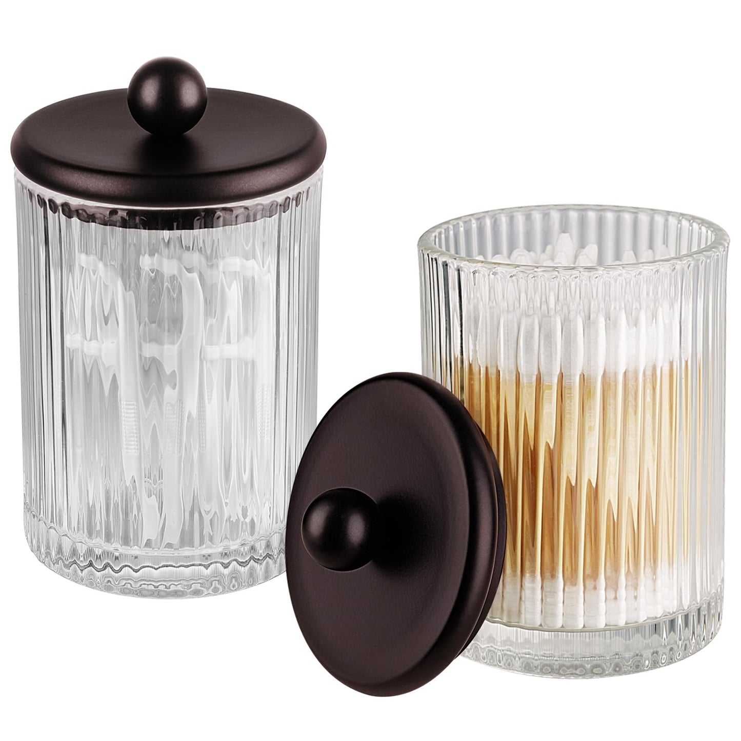 Komashr 3Pack Glass Qtip Holder Dispenser Set - Bathroom Canister Storage Organizer for Cotton Balls, Swabs, Floss Picks, and Makeup Sponges with Matte Black Metal Lid - Clear Vanity Apothecary Jars