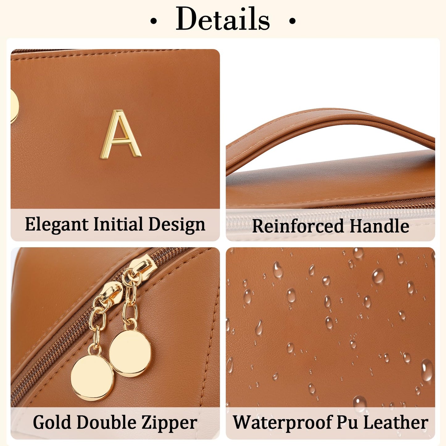 CLOUDWINGS Birthday Gifts for Women Teen Girl, Personalized Initial Makeup Organizer Bag Set, Open Flat Travel Cosmetic Bag With Clear Divider and Handle(Brown,A)