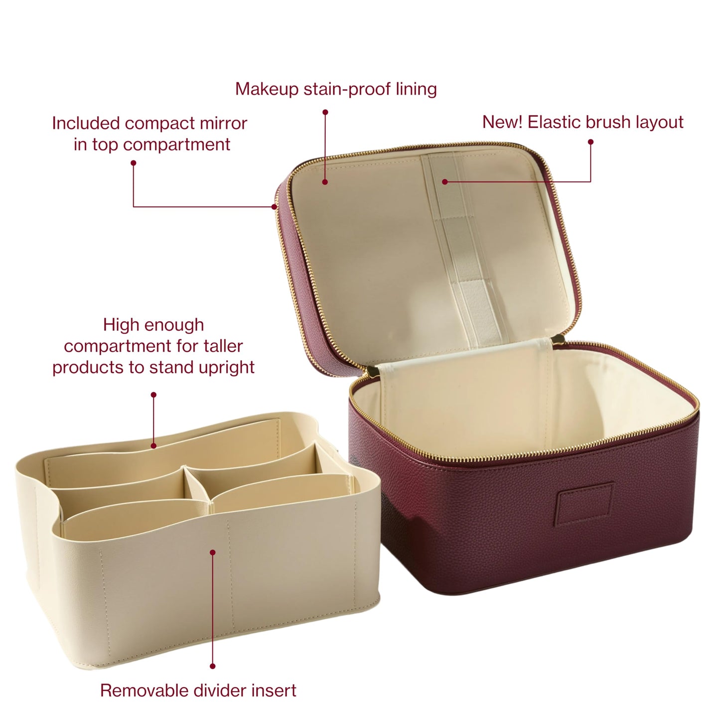 ETOILE - Duo Vanity Case Burgundy - Large Functional Travel Makeup Bag Organizer with Removable Divider & Mirror