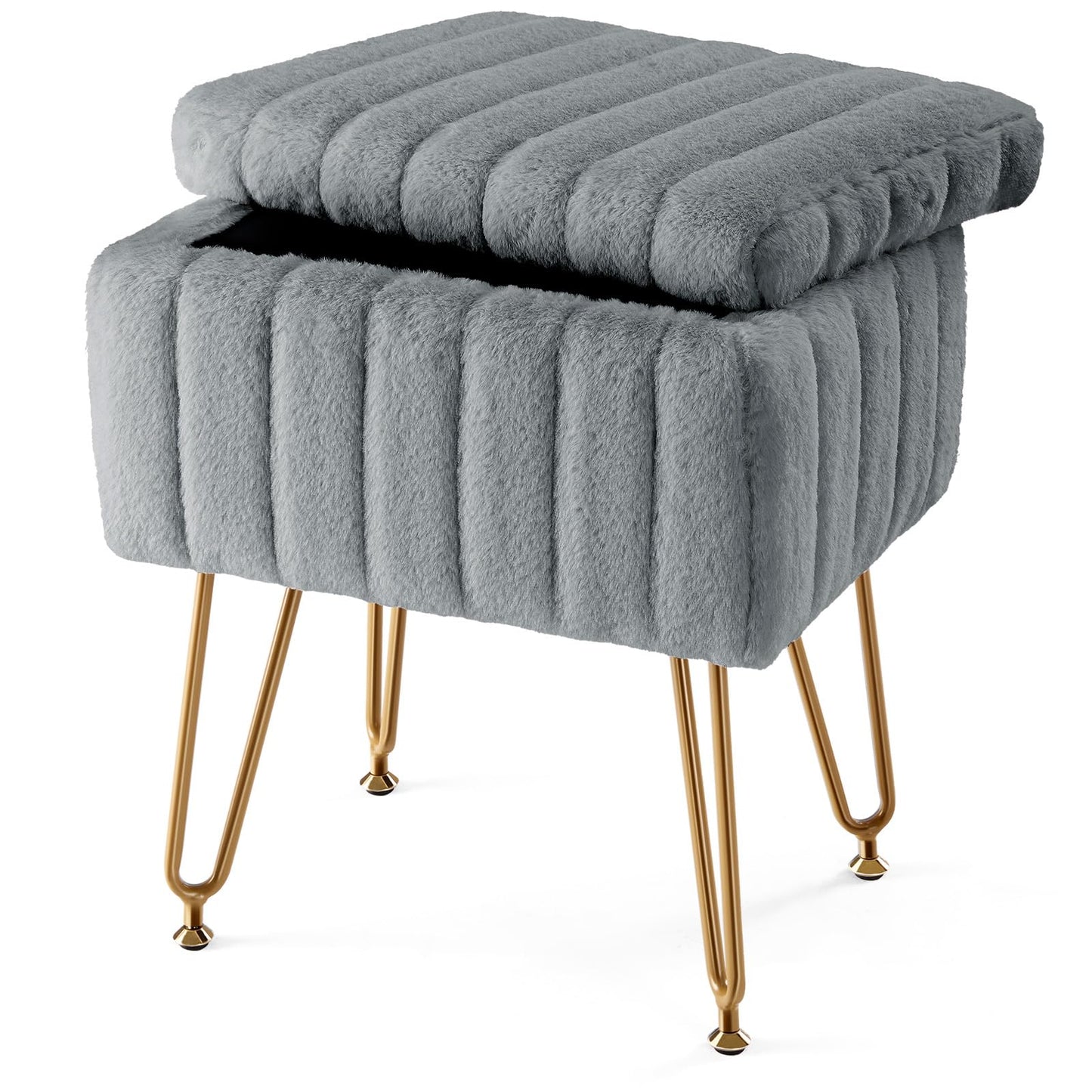 Sweetcrispy Vanity Stool Chair with Storage, 18.9”H x 16”L x 12.2”W Ottoman Chair Faux Fur Soft Padded Makeup Footstools Seat with 4 Metal Legs Anti-Slip Adjustable Feet for Make Up, Grey