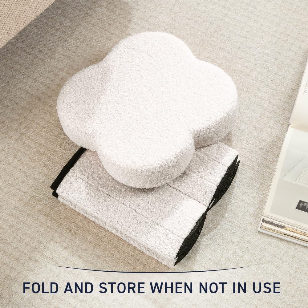 Ornavo Home White Boucle Storage Ottoman Cube – Flower-Shaped Footstool with Hidden Storage, Faux Teddy Fur Foot Rest for Living Room, Bedroom & Dorm, 12" Inch