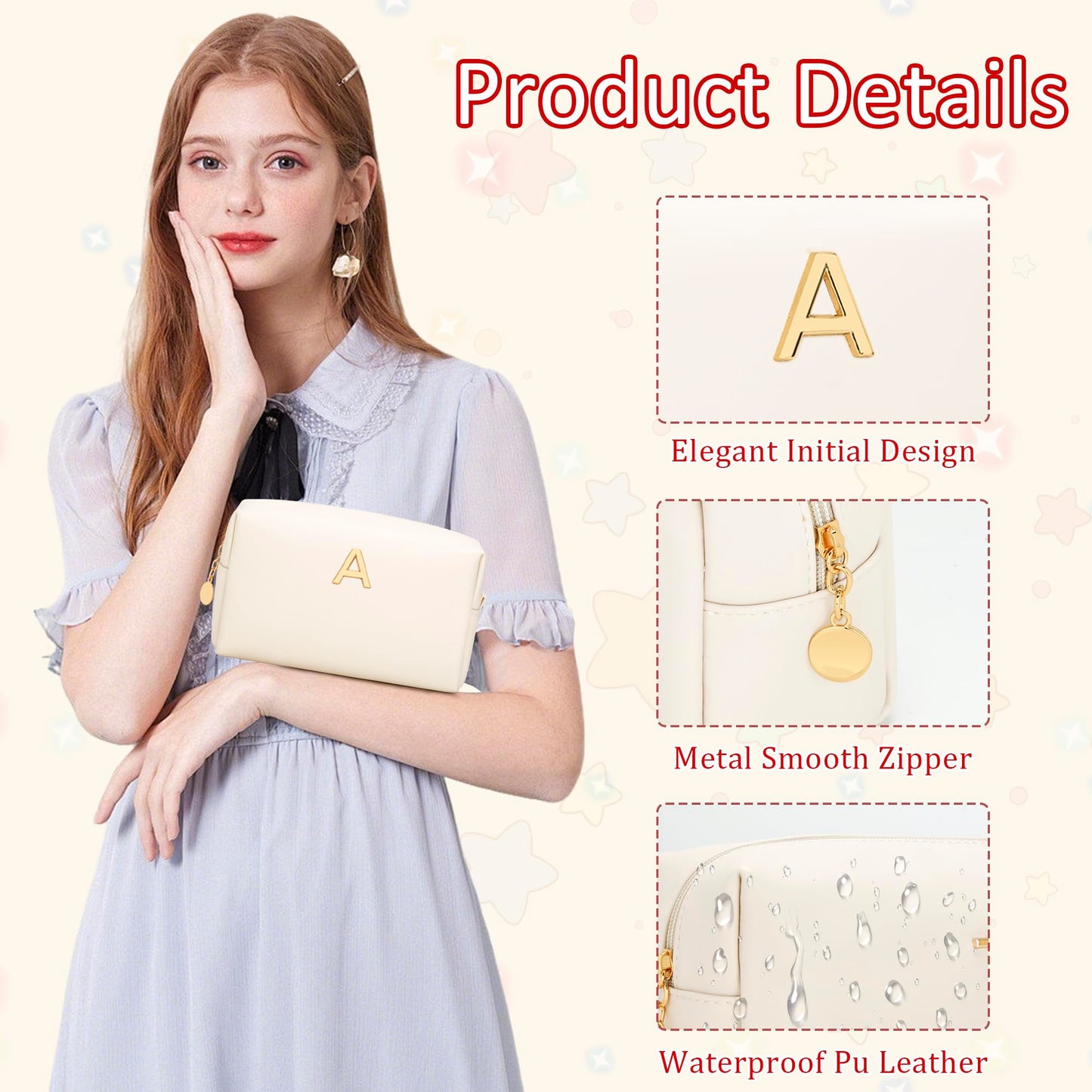 CLOUDWINGS Gifts for Women Bridesmaid Gifts Personalized Initial Makeup Bag PU Leather Cosmetic Waterproof Travel Toiletry Bag (Beige A)
