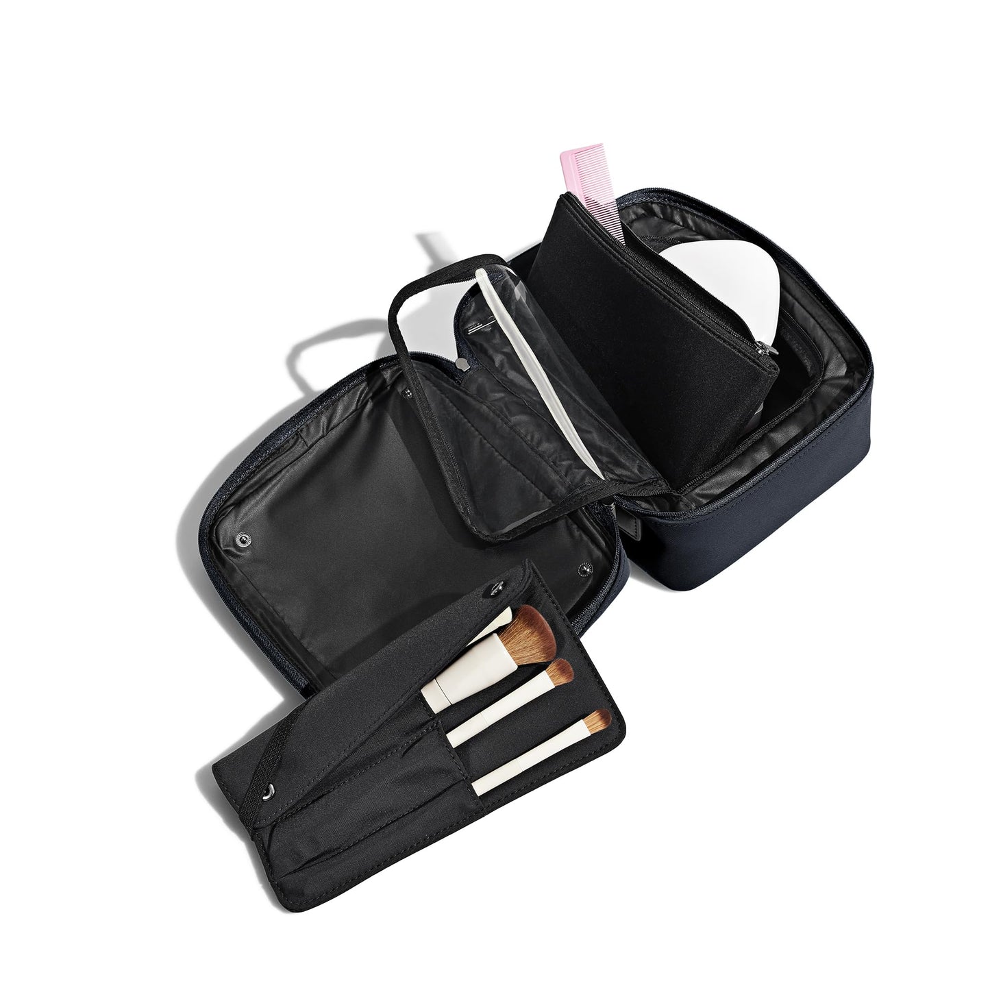 Away The Cosmetics Bag - Water-Repellent Cosmetic Travel Bag with Detachable Brush Organizer, Spill-Proof Bottom Compartment, Transparent Pockets - Navy Blue