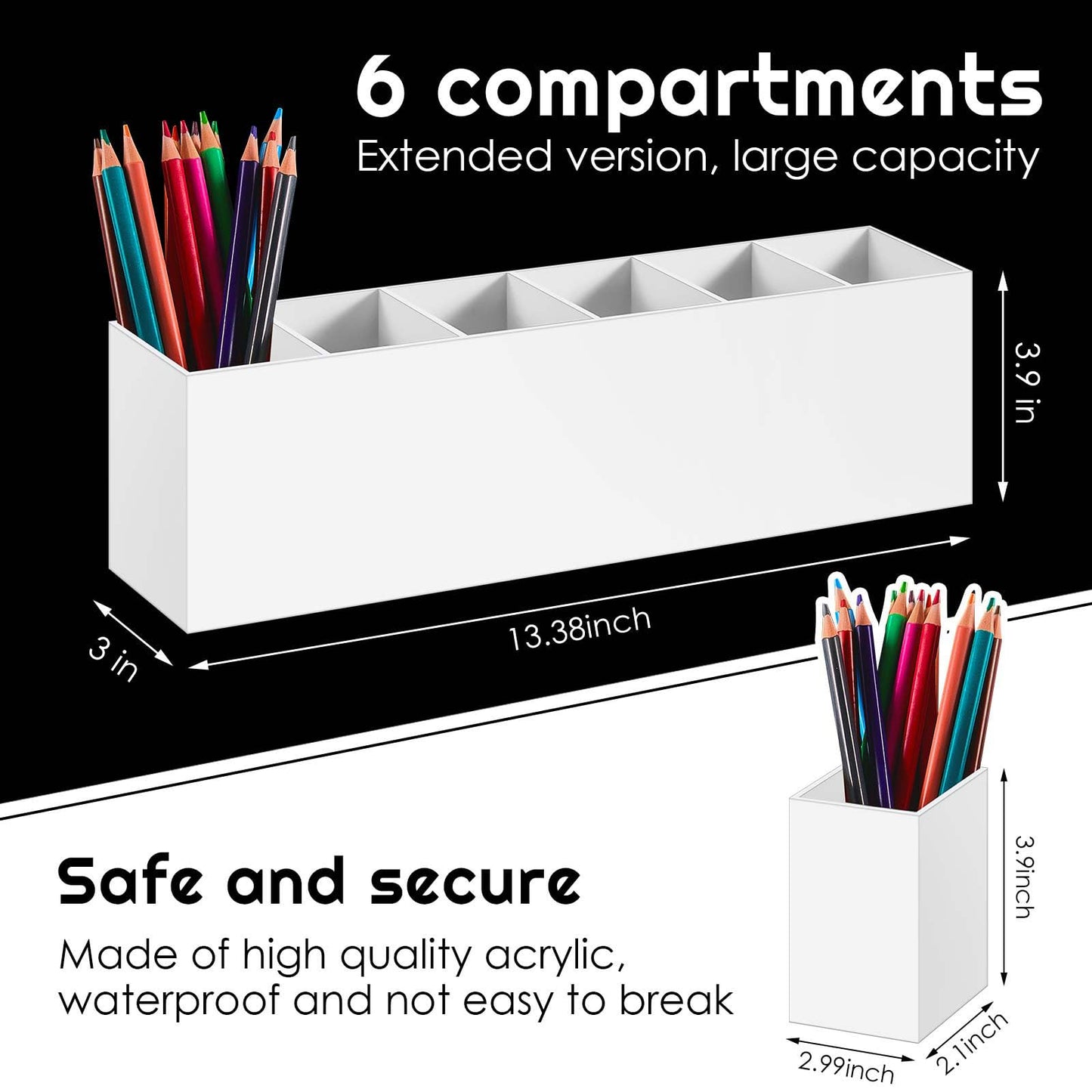 Jetec Acrylic Pen Holder 6 Compartments Makeup Brush Stationery Organizer Pencil Holder for Desk Accessories, Cosmetic Brushes, Dorm, Home, Bathroom, Kitchen, Office Supplies(White)