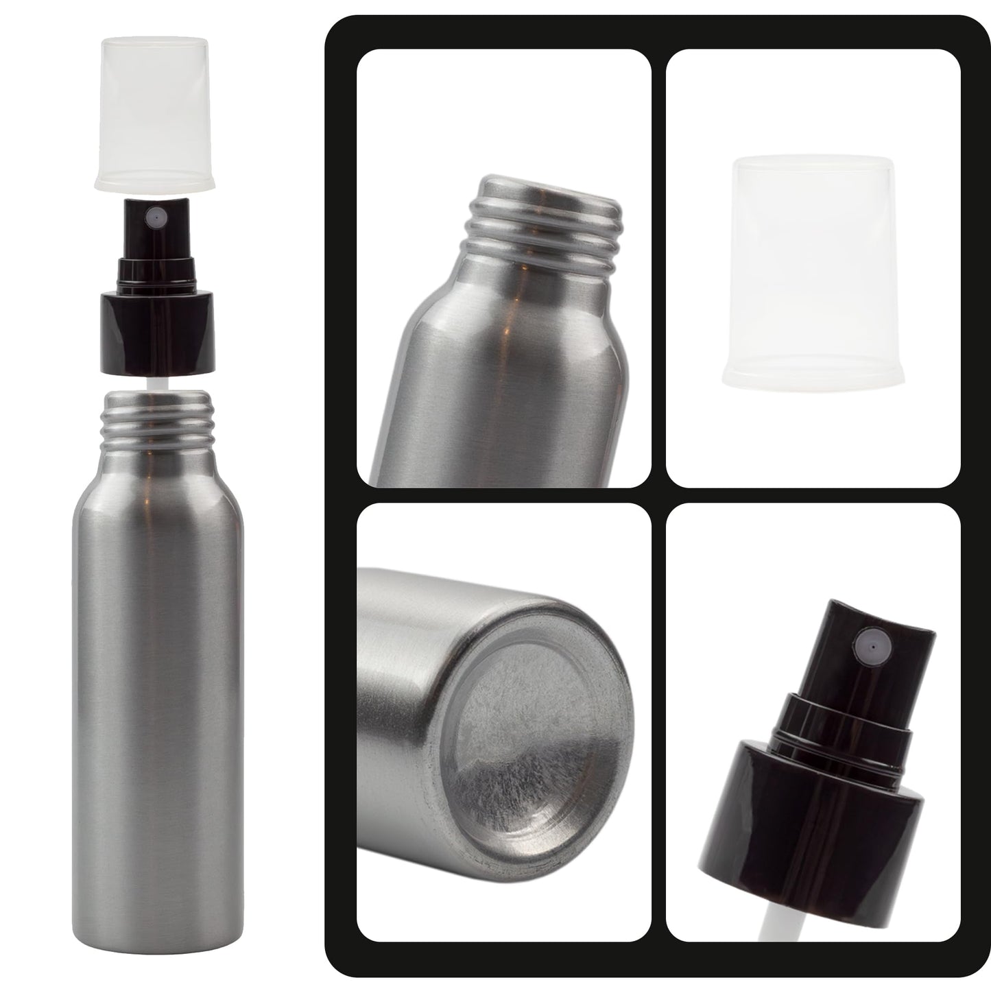 Cornucopia Brands 2-Ounce Aluminum Fine Mist Spray Bottles (6-Pack); Empty Mini Metal Atomizer Bottles, 2.75oz Travel/Purse/Sample Size