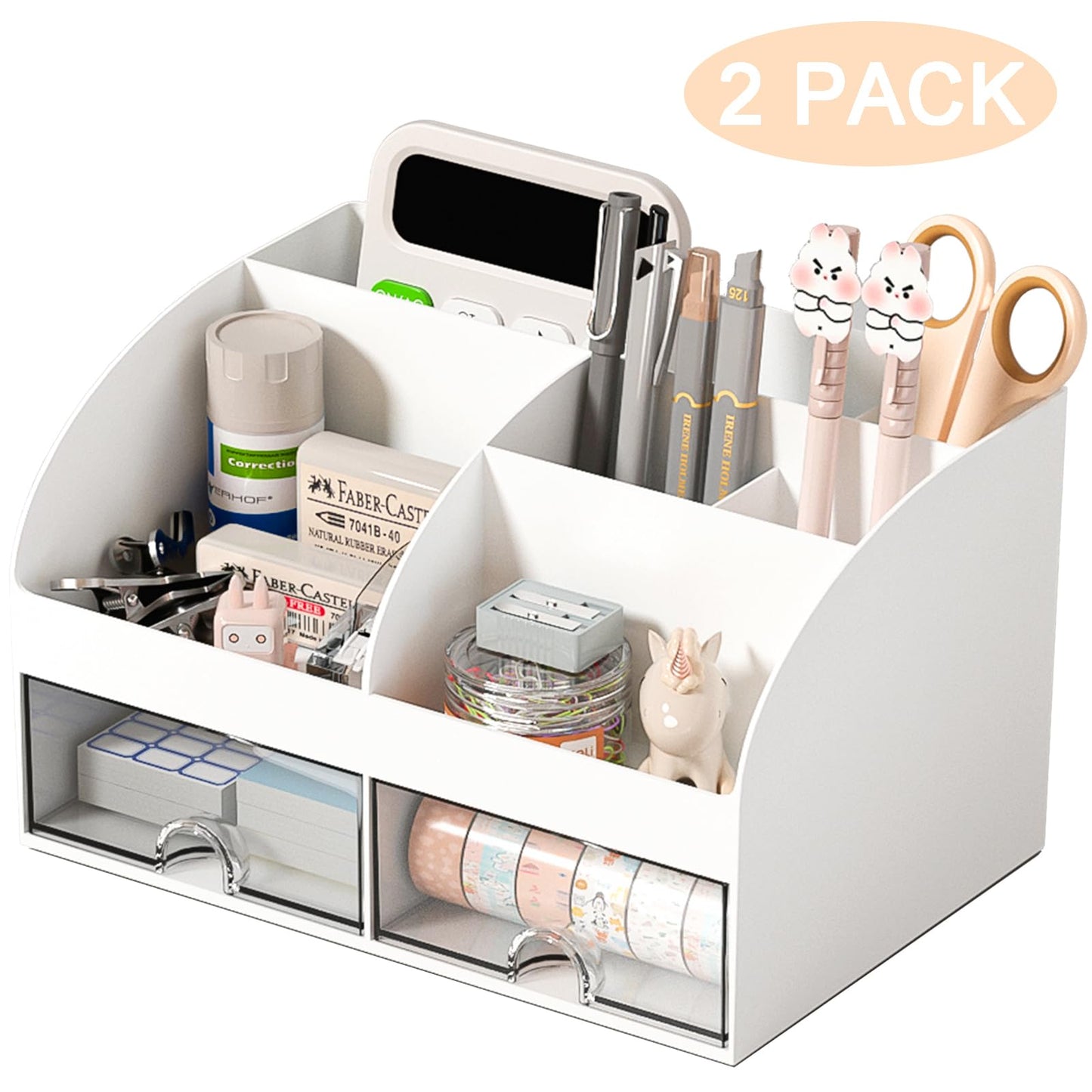 COMFYROOM Desk Organizer with 6 Compartments and 2 Drawers, Plastic Makeup Organizer, Pen Holder for Desktop Storage, Desk Organization for School, Home, Office Supplies (White-2Pack)