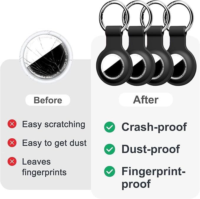 [4 Pack] Compatible with AirTag Case Keychain for Air Tag Holder Silicone for AirTags Key Ring Cases Tags Chain for AirTag GPS Item Finders Accessories, Black