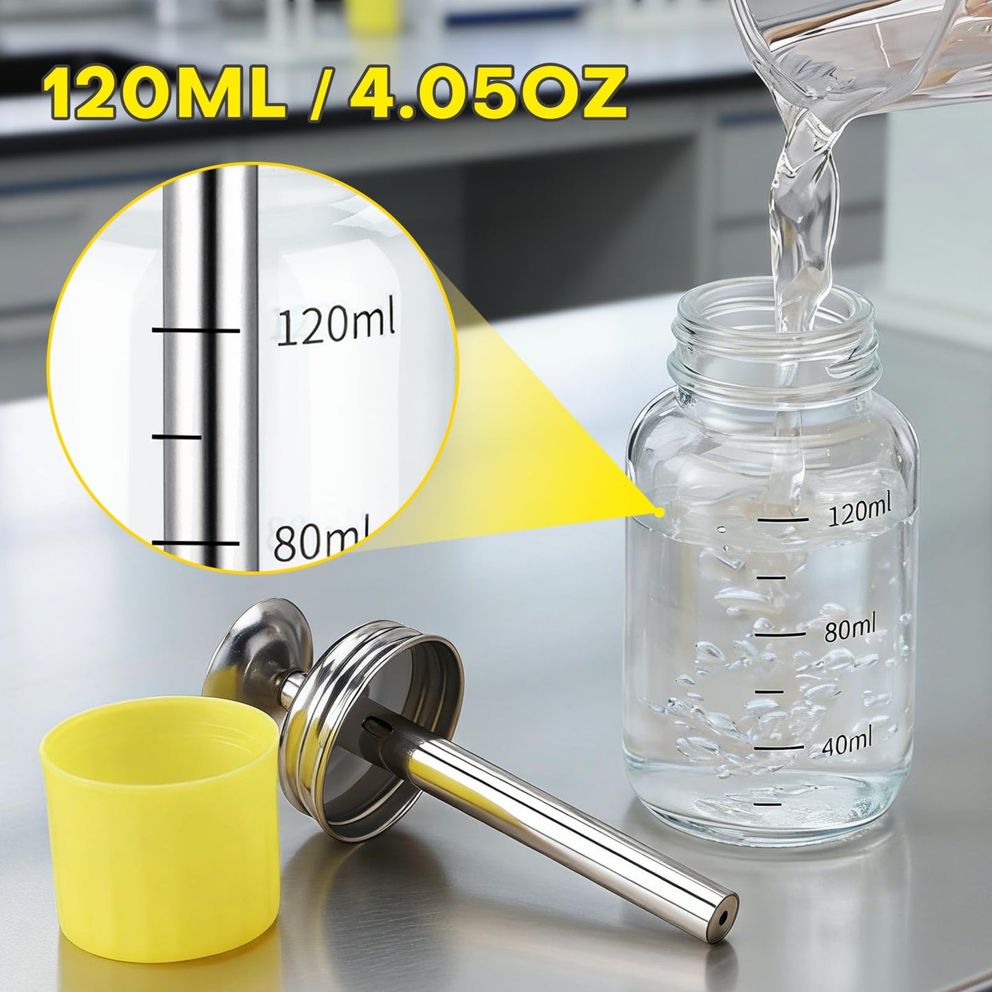 2Pcs 4Oz / 120ml Glass Dispensing Bottles for Chemical & Industrial Liquids, Nail Polish Remover Glass Bottle, Refillable Push Down Dispenser Bottle with Cover, Pump Dispenser Press Container, Clear