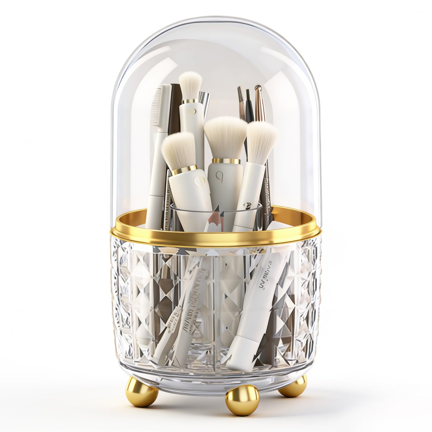 GOTOBA 360° Rotating Pencil Holder for Desk, Makeup Brush Holder with 6 Slots, Desk Organizer for Writing Utensil, Office and School Supplies (Clear with cover)