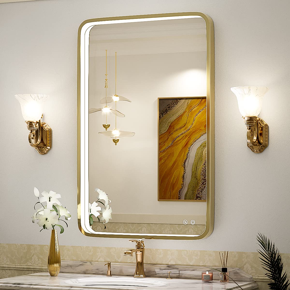 FTOTI LED 36x24 Inch Lighted Bathroom Mirror,Gold Frame,3 Color