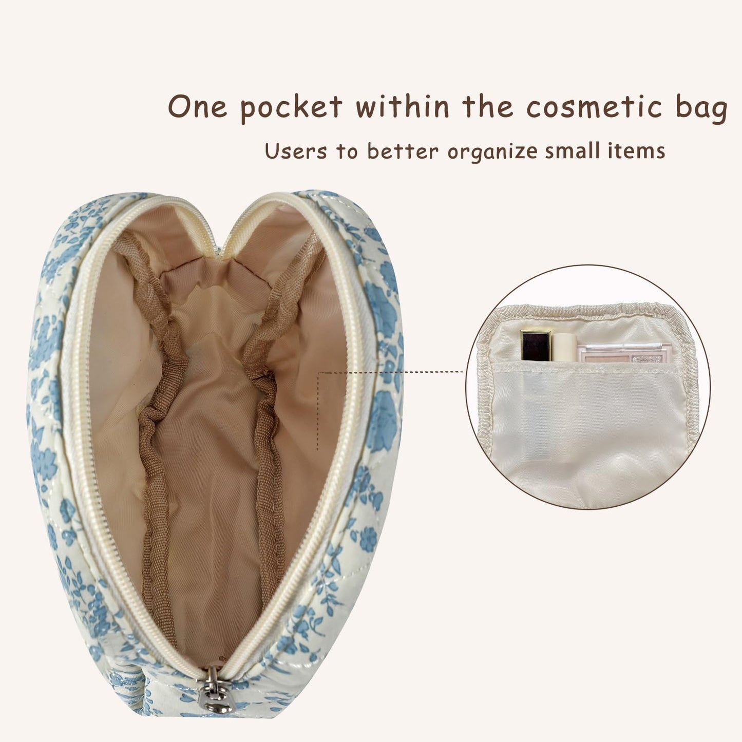 Small Quilted Cotton Makeup Bag for Purse, Cosmetic Bag with Compartments, Cotton Aesthetic Makeup Bag, Travel Toiletry Pouch, Key Pocket Lipstick Bag Card Holder Data Cable Organizer（07Cherry）