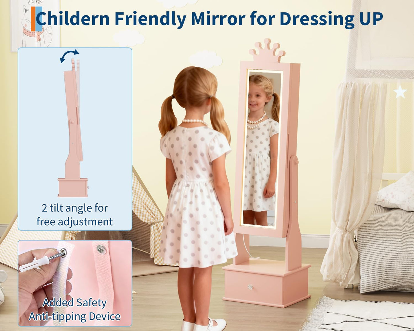 GarveeHome Kids Jewelry Armoire,Child Jewelry Cabinet with Led Light,Freestanding Jewelry Organizer with Full-Length Mirror,3 Storage Drawers,Kids Vanity Dress Up Jewelry Cabinet for Girls（light Pink