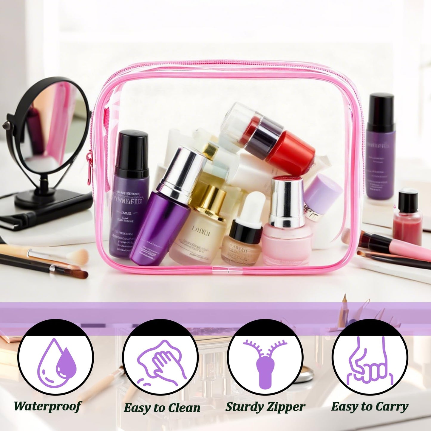 YOQIVEXU 6 Pieces Clear Makeup Bags Bulk, TSA Approved Toiletry Bag PVC Clear Cosmetic Toiletries Pouch with Zipper, Waterproof Vinyl Plastic Organizer Case for for Women Carry-on Travel Essentials