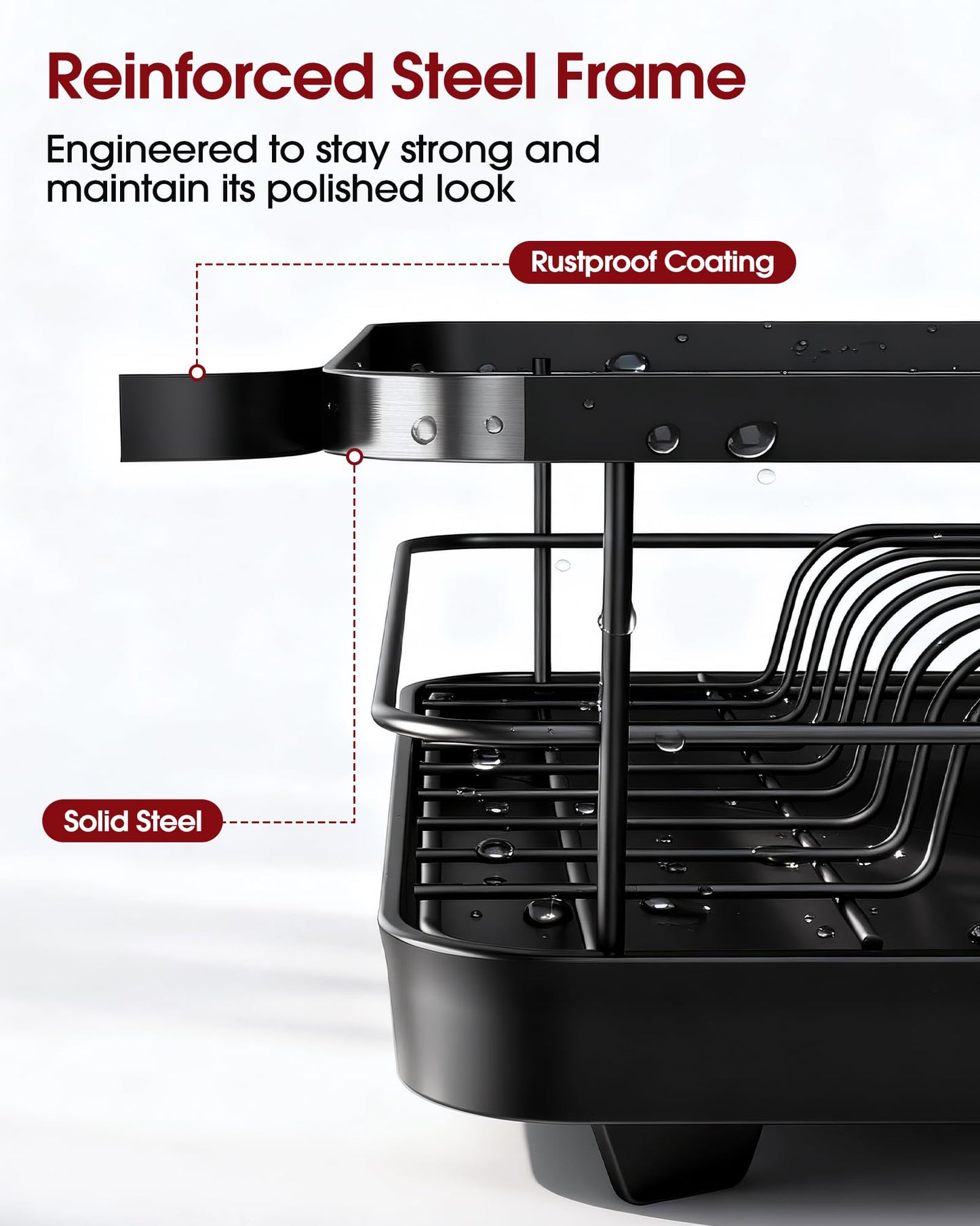 Sakugi Dish Drying Rack - Stainless Steel Dish Rack with Drainboard for Kitchen Counter and Sink, 15.6" D x 12" W x 5" H, Black