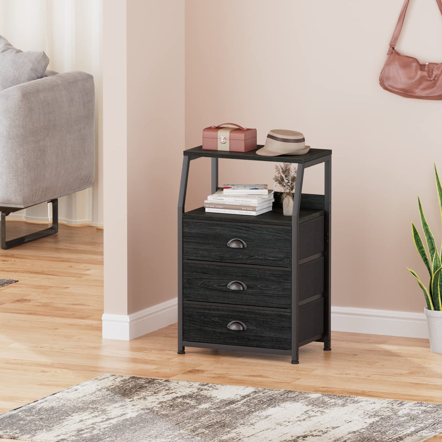 Furnulem Black Night Stand, Small Dresser for Bedroom, Nightstand with 3 Fabric Storage Drawers and 2-Tier Shelf, End Table Side Furniture for Closet, Hallway, Nursery, Sturdy Steel Frame, Wood Top