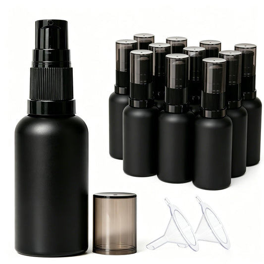 Jagolain 12pack 30ml Empty Refillable Matte Black Glass Pump Bottle, 1oz Lotion Cream Essential Oil Shampoo Dispenser Travel Cosmetic Small Container (30ml black 12pcs)