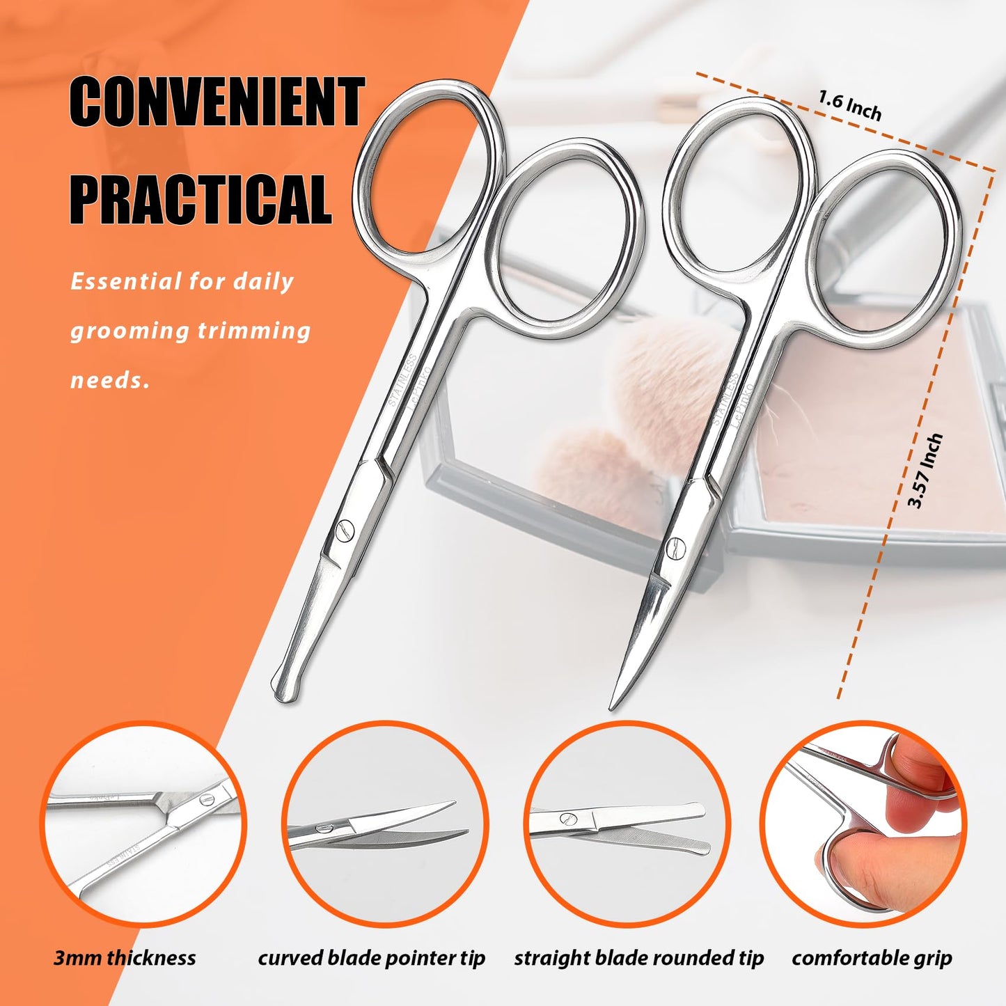 Facial Hair Small Grooming Scissors For Men Women - Eyebrow, Nose Hair, Mustache, Beard, Eyelashes, Ear Trimming Kit - Curved and Rounded Safety Tip Clippers For Hair Cutting - 2PCS Silver