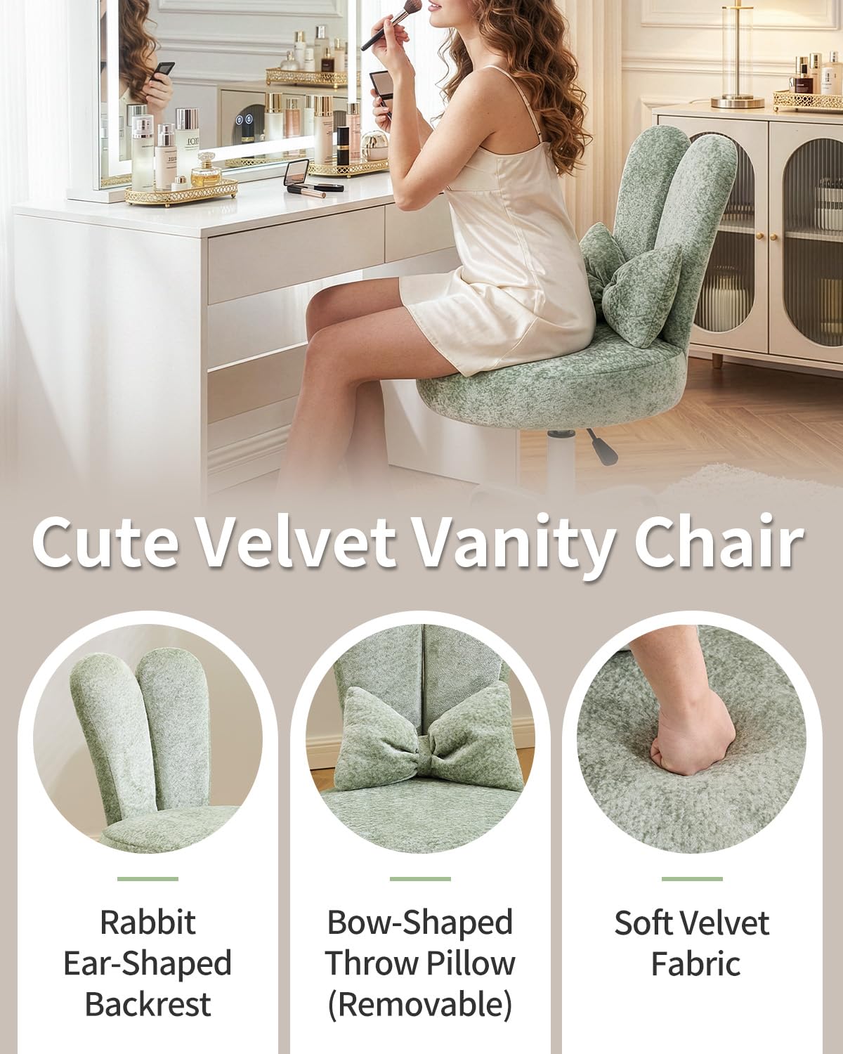 Karl home Velvet Vanity Chair, Creamy Green