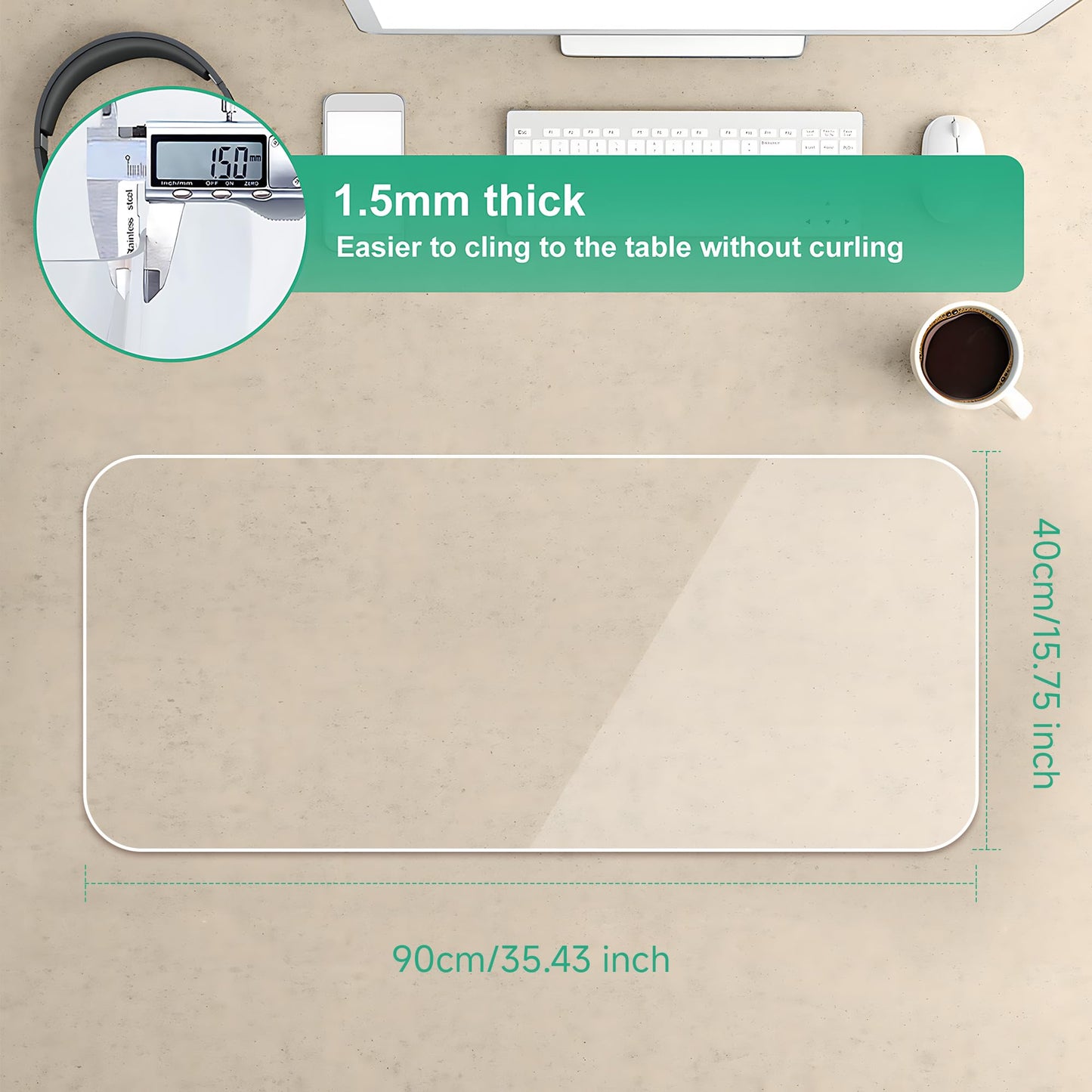 NATRKE Clear Desk Mat Pad, 35.4" X 15.7" Large Transparent Desk Protector, 1.5mm PVC Waterproof Non-Slip Writing Desk Pad Blotter for Desktop Home Office, 90 x 40 cm
