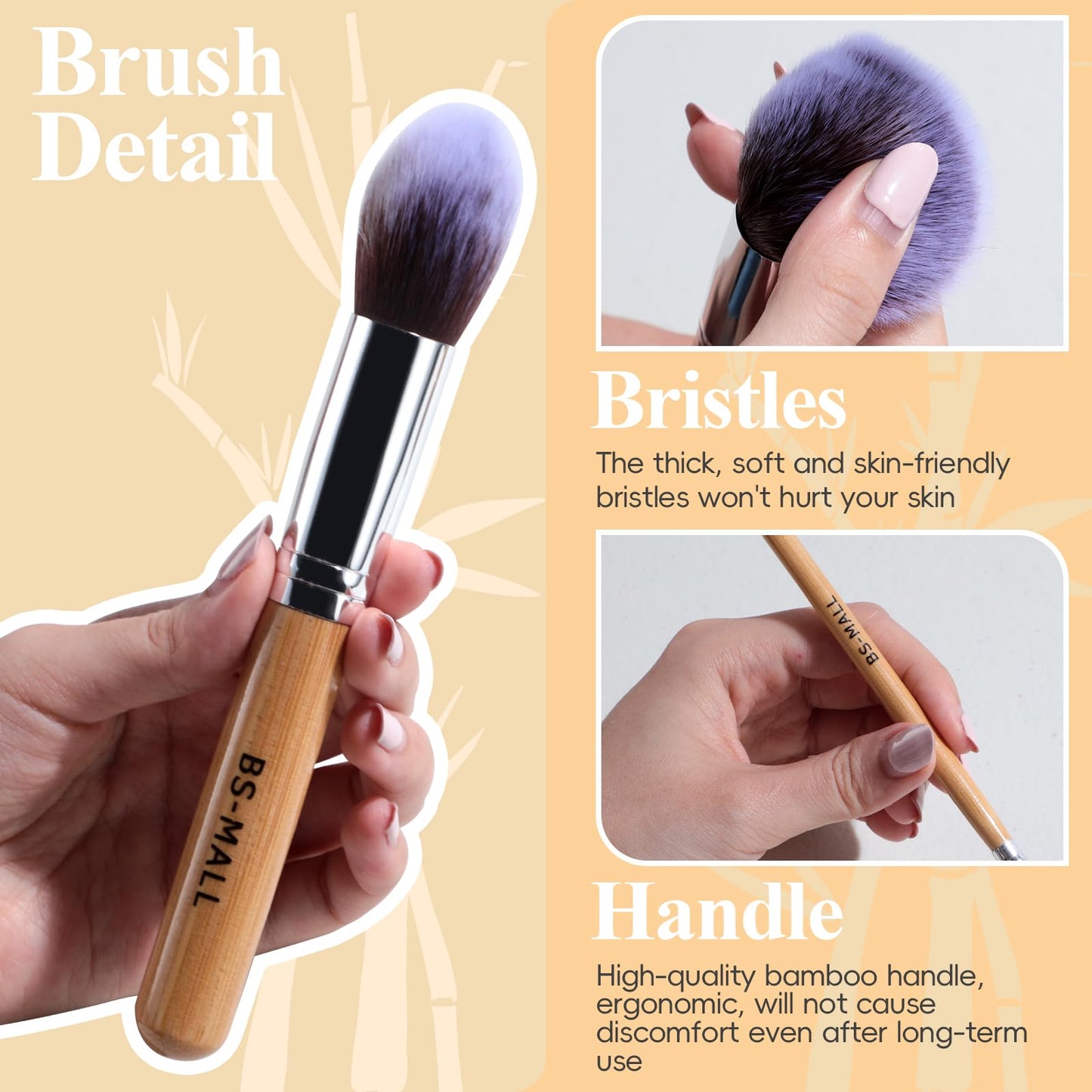 BS-MALL Makeup Brush Set 11Pcs Bamboo Synthetic Kabuki Brush Set Foundation Powder Blending Concealer Eye shadows Blush Cosmetics Brushes with Organizer Bag & Makeup Sponge (Bamboo 17)