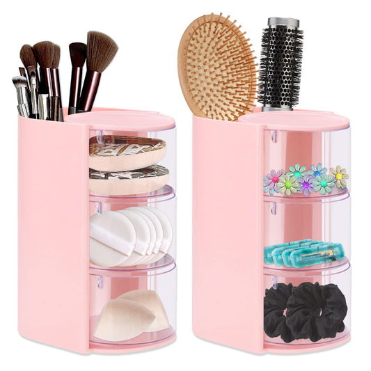 Sekonow 2 Pack Hair Accessories Organizer with Hair Brush Holder, 3-Tier Clear Rotatable Drawer Makeup Sponge Holder, Bathroom Qtip Cotton Swab/Pad/Ball Dispenser Jewelry Box (Pink)
