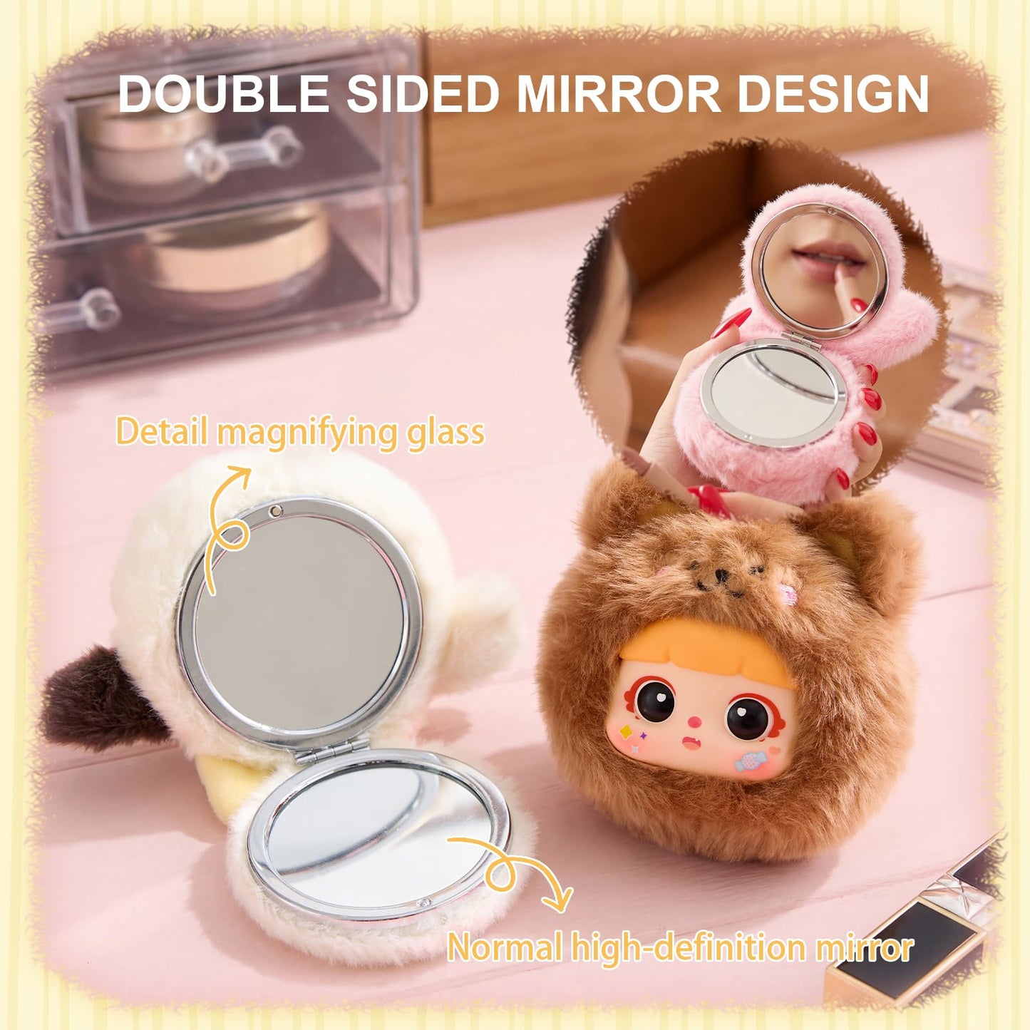 SKOGSKUNST Kawaii Plush Portable Compact Mirror Blind Box, Double Sided HD Mirror with Magnifying Glass, Random Cute Animal Figures Collectible Makeup Accessories Gifts for Women & Kawaii Lovers