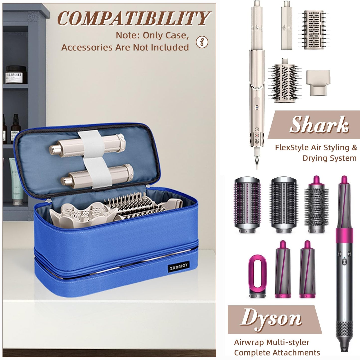 ZRRAJOY Double Layer Storage Case For Shark Flexstyle, Travel Carrying Case For Shark 430/440 Flexstyle, Organizer Bag For Shark Flexstyle/Dyson Airwrap Styler Attachments (Blue)