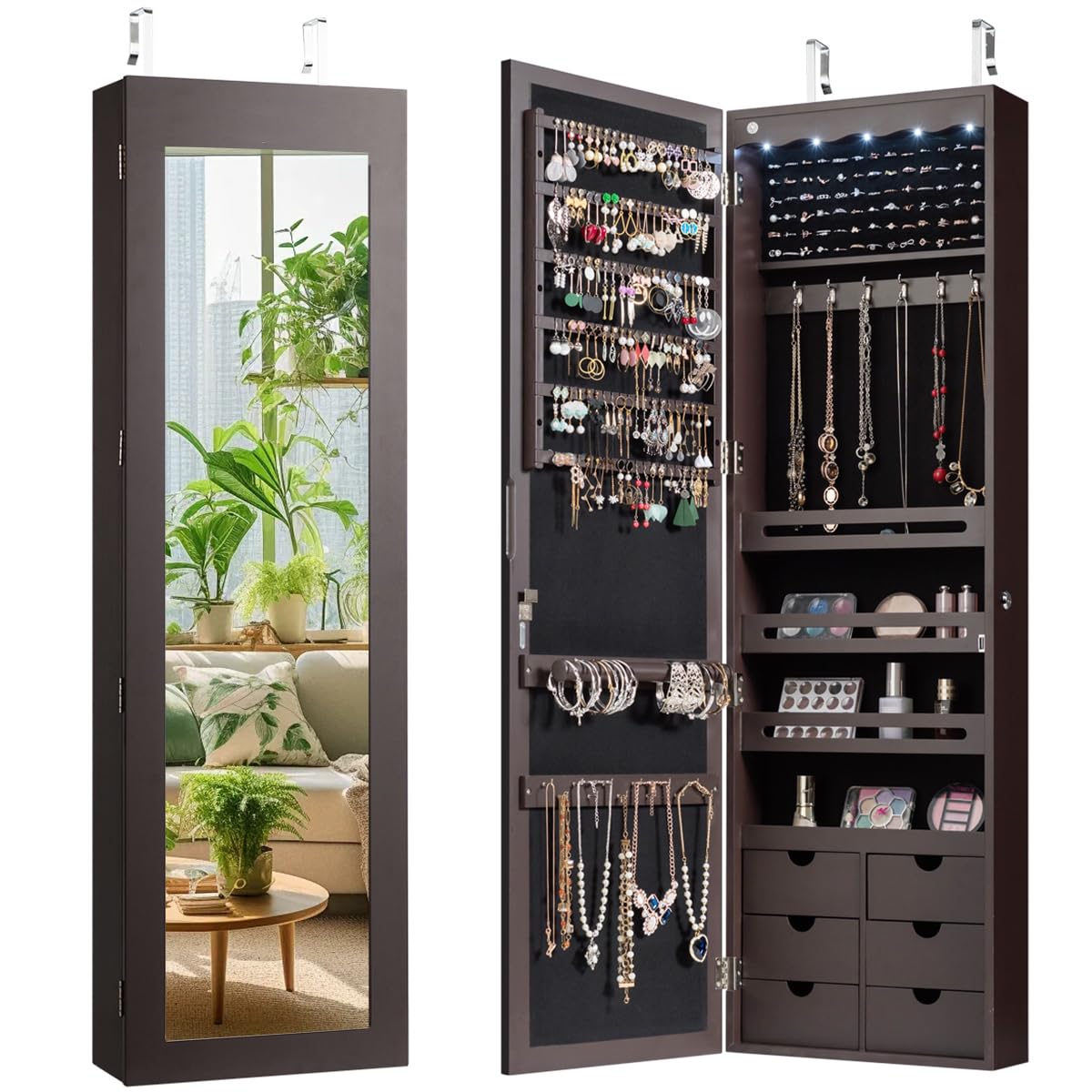 Giantex Wall Door Mounted Jewelry Cabinet with Full Length Mirror, Lockable Over Door Jewelry Armoire with LED Lights, 47.5" Large Jewelry Storage Organizer with 6 Drawers, Espresso