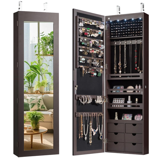 Giantex Wall Door Mounted Jewelry Cabinet with Full Length Mirror, Lockable Over Door Jewelry Armoire with LED Lights, 47.5" Large Jewelry Storage Organizer with 6 Drawers, Espresso