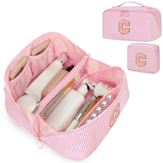 Initial Makeup Bag, Personalized Cosmetic Bag, 2Pcs Large Capacity Make Up Bag for Women, Open Flat Make up Cosmetic Organizer with Handle,Portable Make Up Organizer Pouch for Women - C