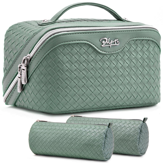 BOYATU Travel Makeup Bag Cosmetic Bags for Women: Large Capacity 3 Pcs Set Make up Bag with Compartments - Waterproof Vegan Leather Toiletry Organizer Bags with Handle (L10 Grass Green)
