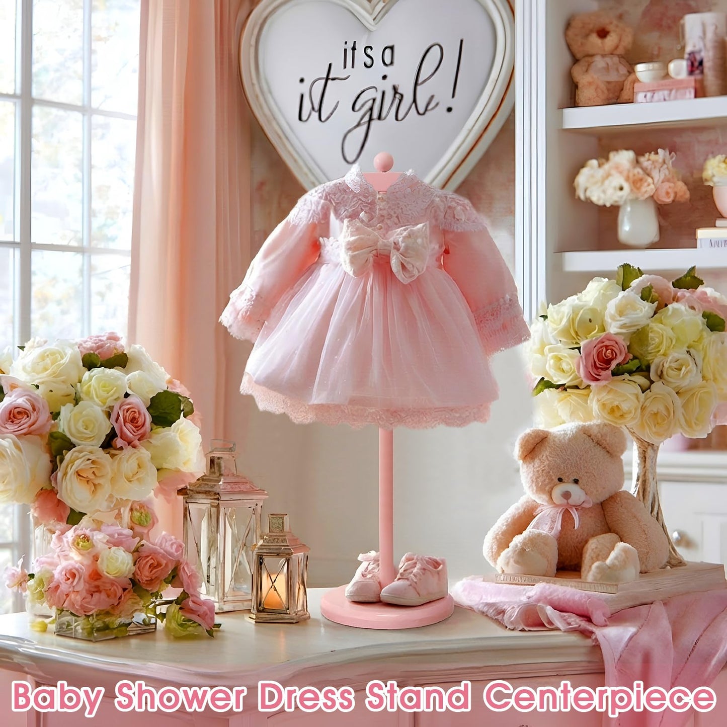 Bucherry 2 Pack Baby Clothes Display Stand Wooden Baby Shower Centerpiece Adjustable Height Circle Shaped Dress Hanger Doll Dress Outfit Stand Rack Hand Assembled Hangers Display Set (Pink Color)