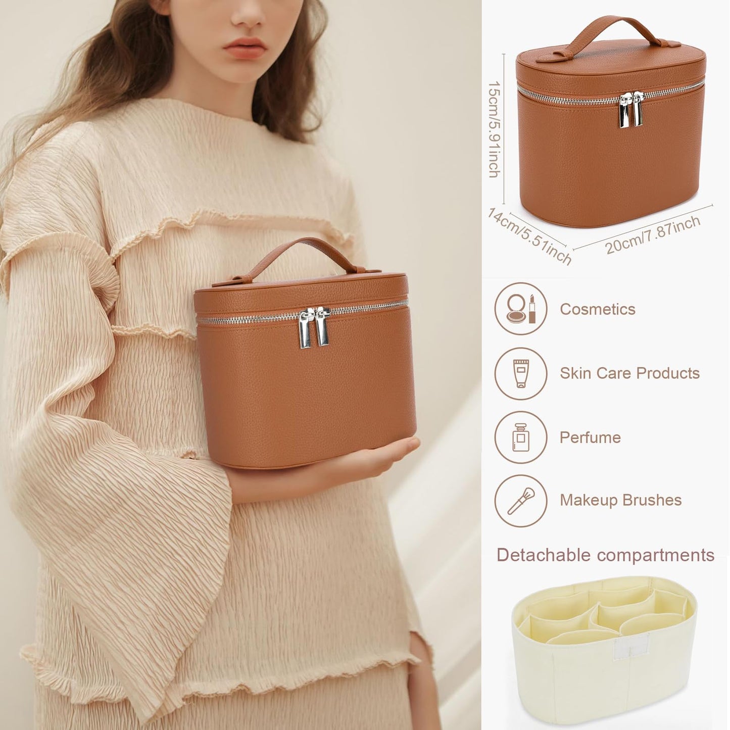 IEMIEBOAMGNOY Leather Makeup Bag Organizer with Compartments - Standing Travel Cosmetic Bag for Women, Waterproof Vanity Case with Detachable Divider, Brown Portable Toiletry Bag