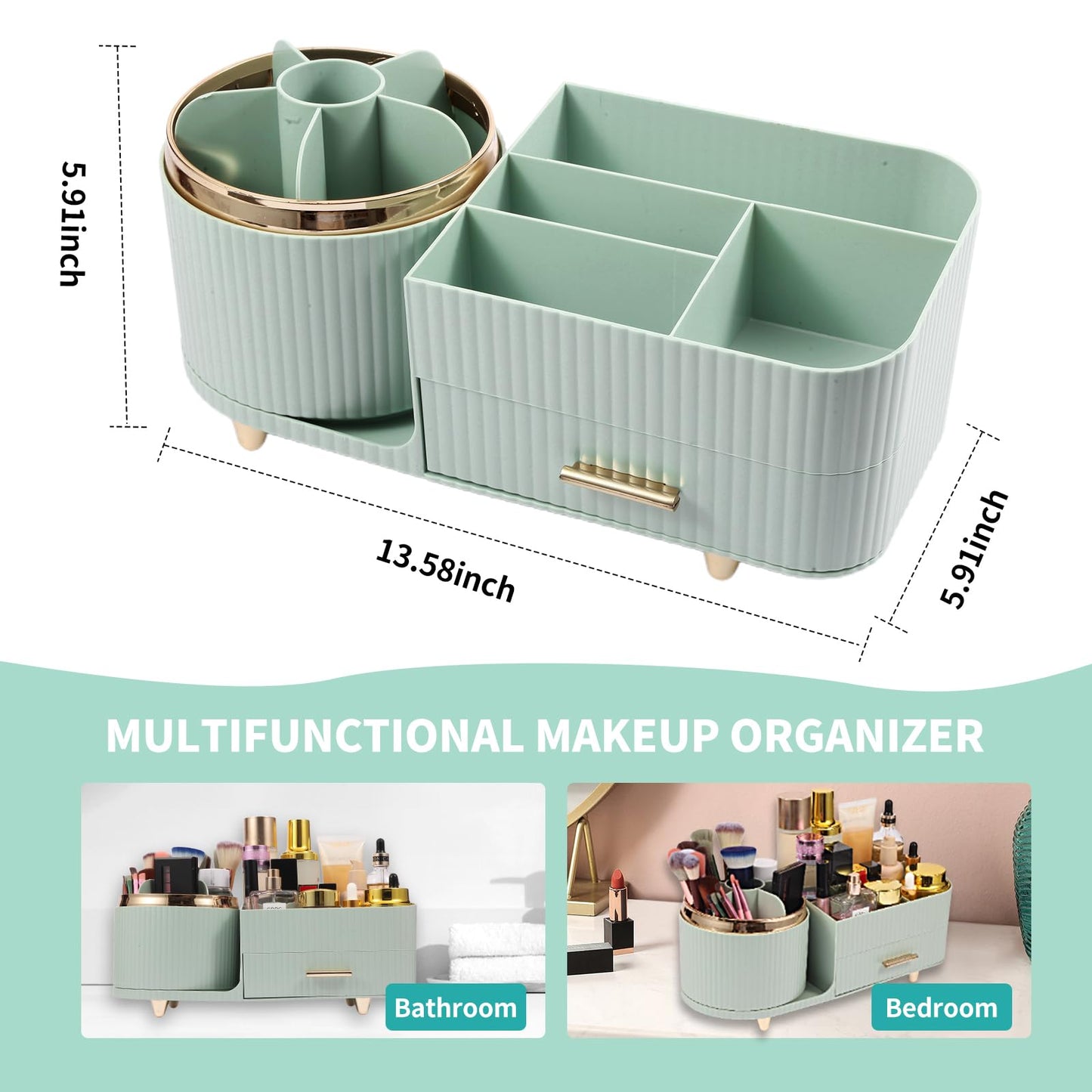 Zufudo Makeup Organizer Countertop with Drawer 360 Rotating Brush Holder Storage Large Capacity Skincare Cosmetic Display Cases for Vanity Bathroom Desktop, Model 3016 Green