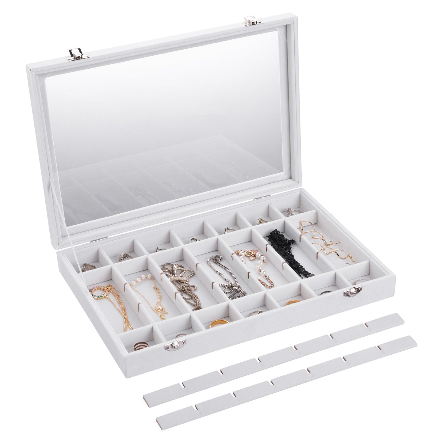 Frebeauty Velvet Jewelry Tray,35 Grid Jewelry Organizer with Clear Lid,Earring Holder Organizer Case with Clasp,Drawer Insert for Rings Studs,13.8 x 9.5 x 2 Inches,Gift for Women Girls(White)