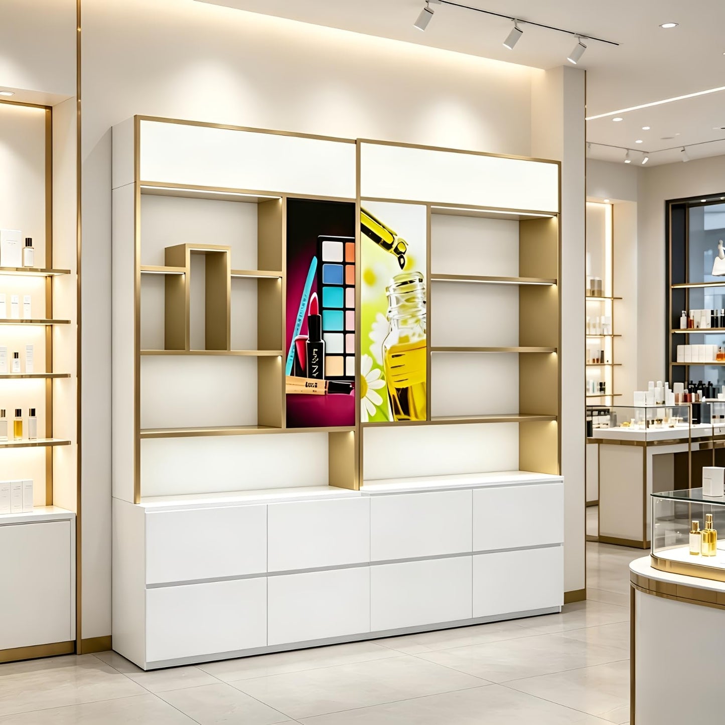 M2 Retail White and Gold Display Cabinet for Spa and Salon, Professional Retail Shelving Unit for Spa and Beauty Clinic,Skincare (1000 * 300 * 2000mm / 39 * 12 * 79", Wall B+ Wall C (Pack of 2))