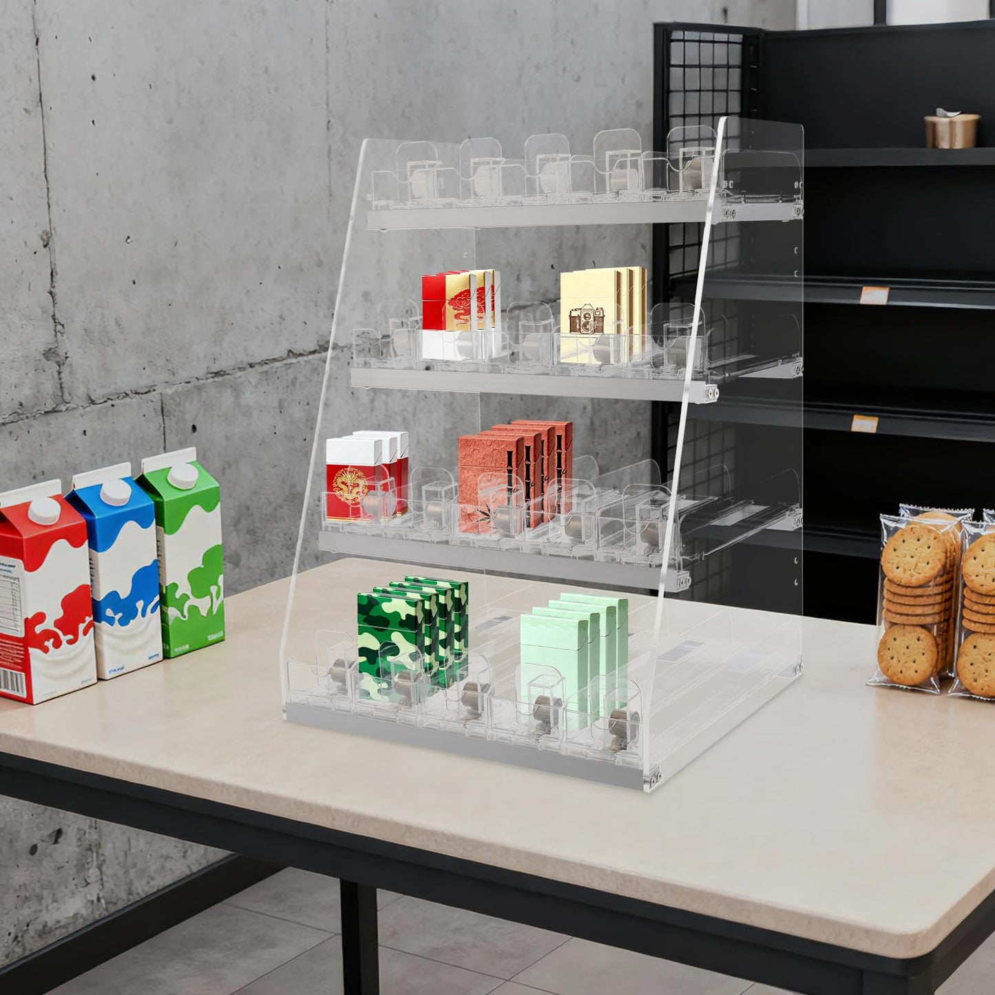 Mejuv Store Display Shelves, Multi-Tier Cigarette Organizer, 4 Shelves 5 Columns, Modern Trapezoid Display Rack with Pusher, Easy Assemble for Tobacco, Cigar, Candy Retail