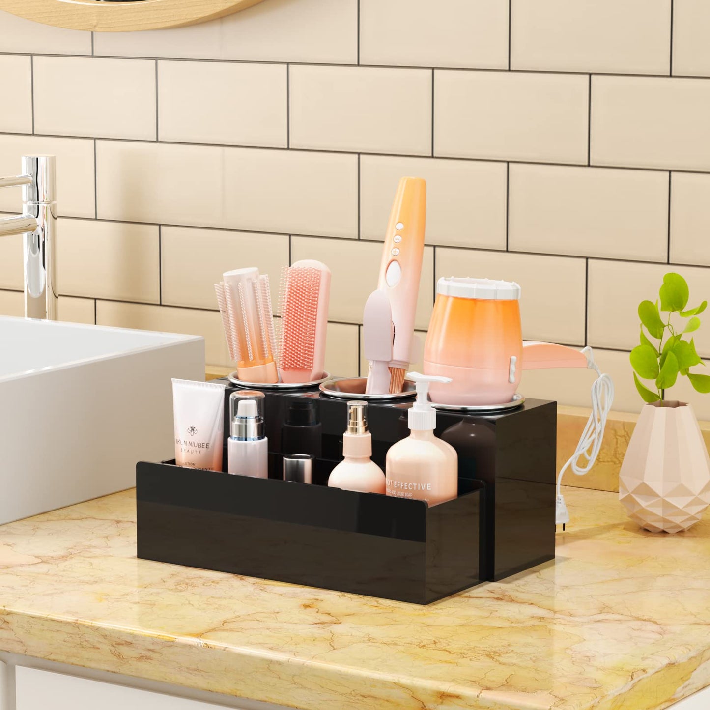 NIUBEE Hair Tool Organizer, Acrylic Hair Dryer and Styling Holder, Bathroom Countertop Blow Dryer Organizer, Vanity Storage Stand for Accessories, Makeup, Toiletries (Black)