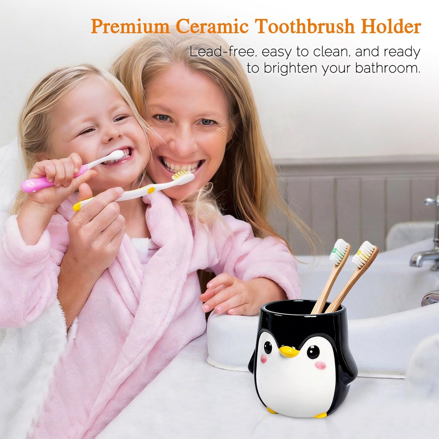 RunaFun Penguin Pen Holder, Cute Pencil Cup, Ceramic Office Decor，Multifunctional Toothbrush Holder & Makeup Brush Storage, Gift for Couples Coworkers，Male Penguin