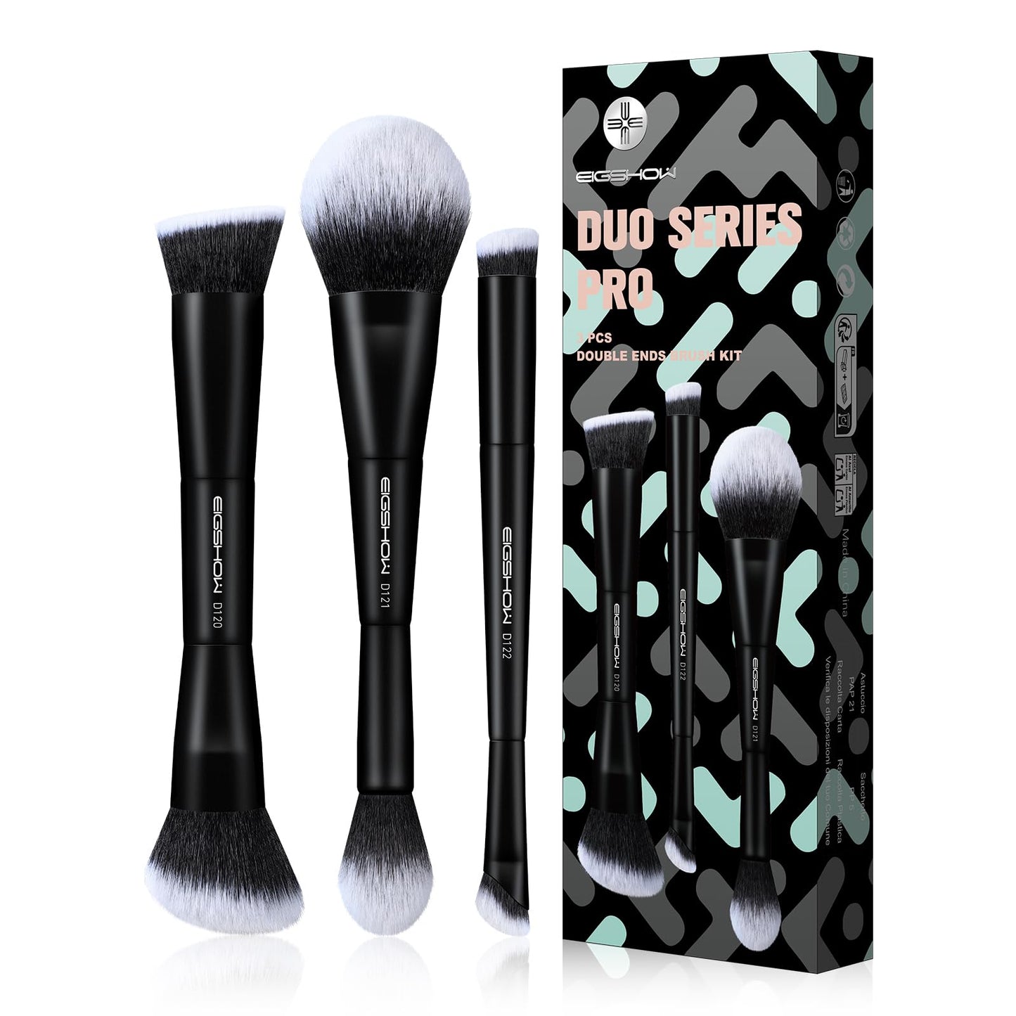 EIGSHOW Makeup Brush Set 3Pcs, Double Sided Foundation Contour Powder Highlight Concealer Brush for Liquid, Cream & Powder, Fit for Home, Travel & Gifting (Black)