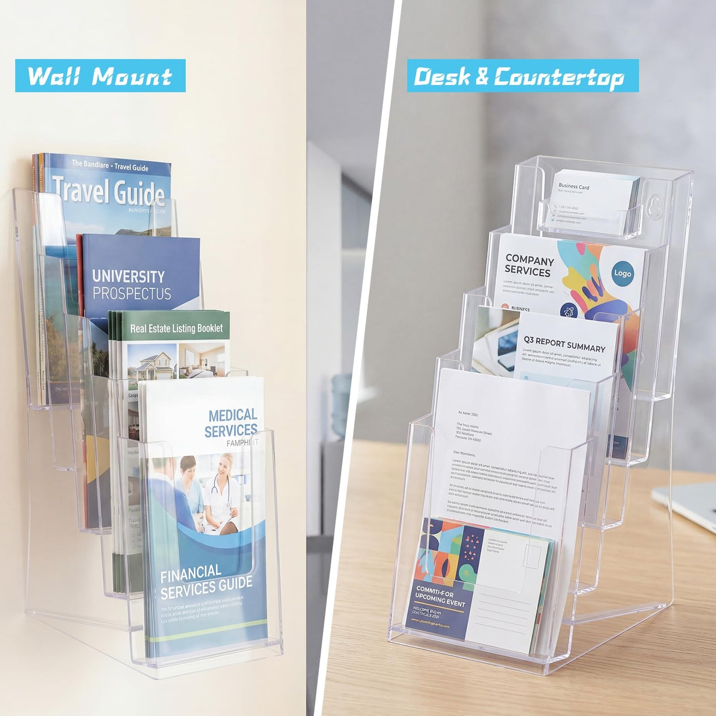ForraFun 4 Pcs 5 Tier Acrylic Brochure Holder, 4 Inch Clear Brochure Display Stand Multi Pocket Pamphlet Holder Literature Rack Organizer Wall Mount or Countertop