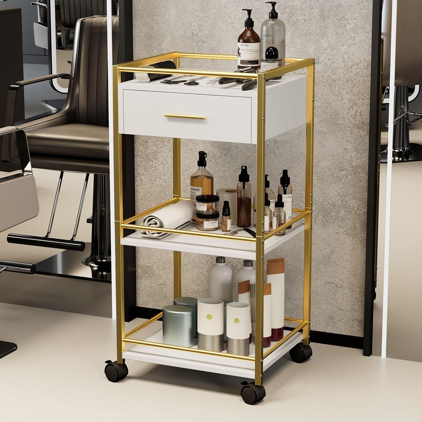 Salon Trolley Cart with Wheels, 3 Shelves & 1 Drawer, Mobile Hair Stylist Station for Tools Storage, Rolling Organizer Cart for Barber & Tattoo Supplies, Durable, Sturdy & Easy to Move