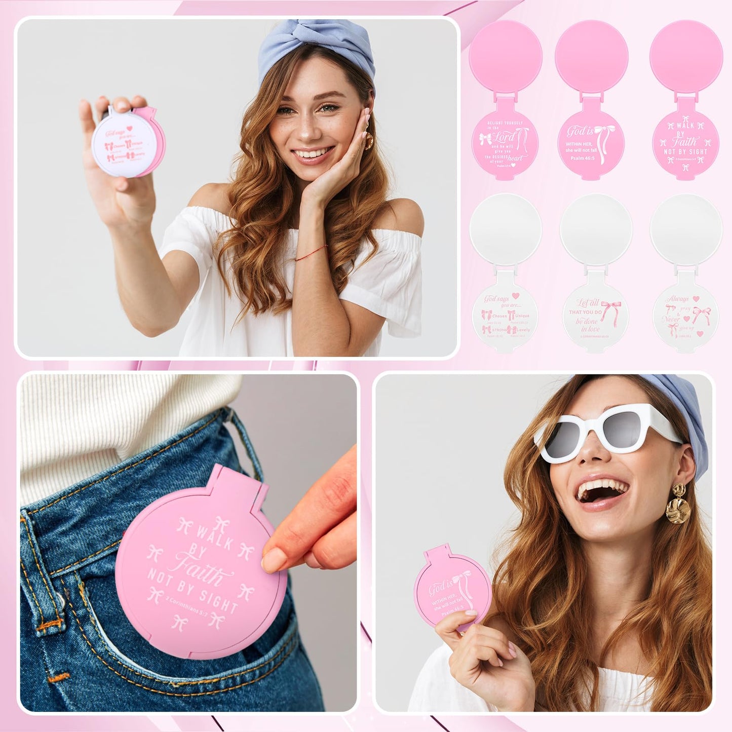 Namalu 36 Pcs Pink Bow Christian Compact Mirrors Bible Verse Mini Mirrors Pink Party Favors Coquette Gift Bulk Makeup Pocket Mirror Inspirational Christian Religious Gifts for Mother Women Church