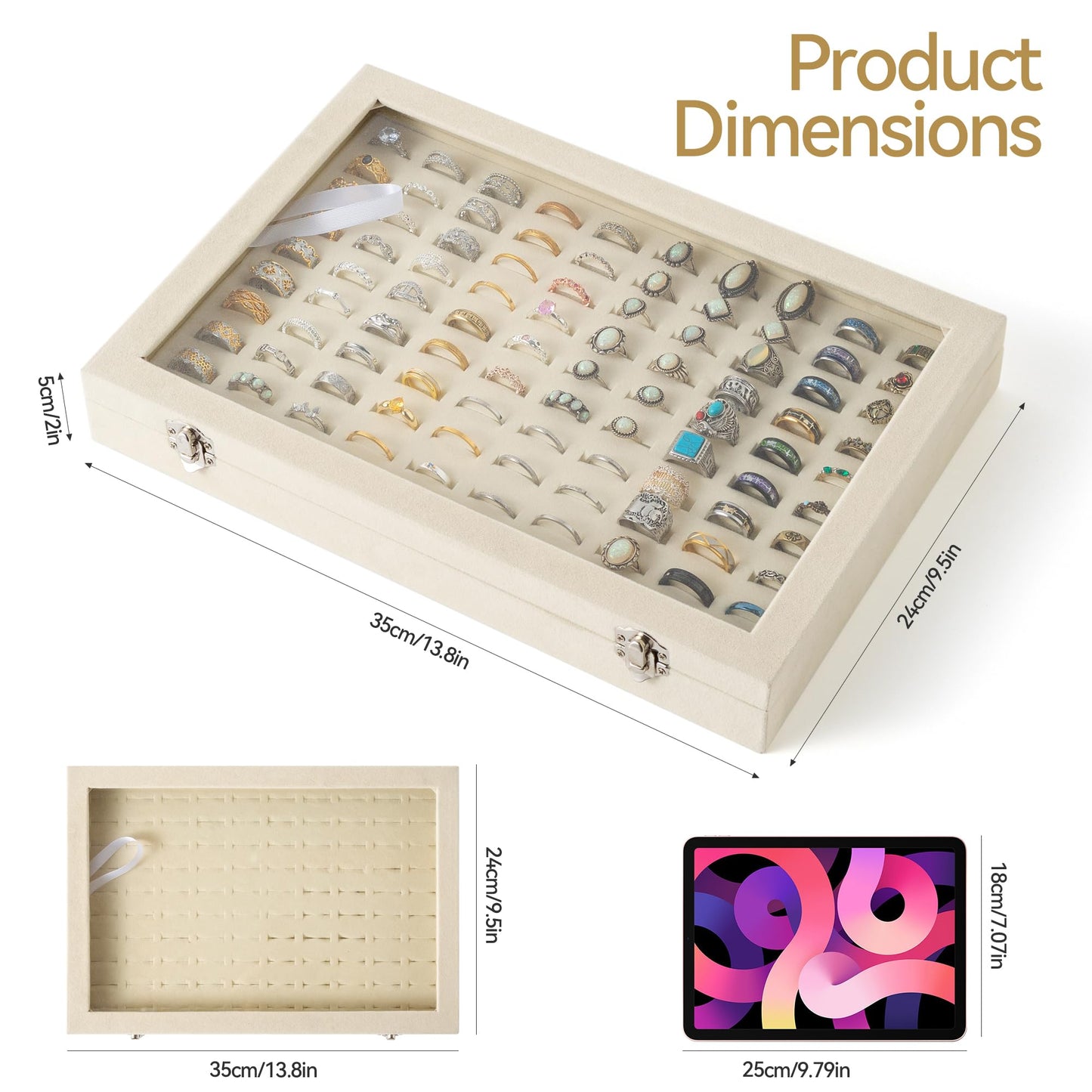 Frebeauty Ring Organizer Tray 100 Slots Ring Holder with Clear Lid Velvet Storage Box Jewelry Tray for Jewelry Store Earring Display Case for Jewelry Show Studs Box for Women(Beige)